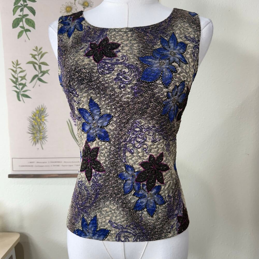 Vtg 90s Y2k Metallic Floral Stretch Top Whimsigoth Witchy Fairy Grunge Forest M